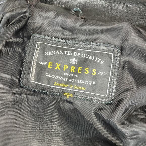 Express Garantie De Qualite Womens Sz Small Jacket Black Leather Coat Buttons - Picture 10 of 16